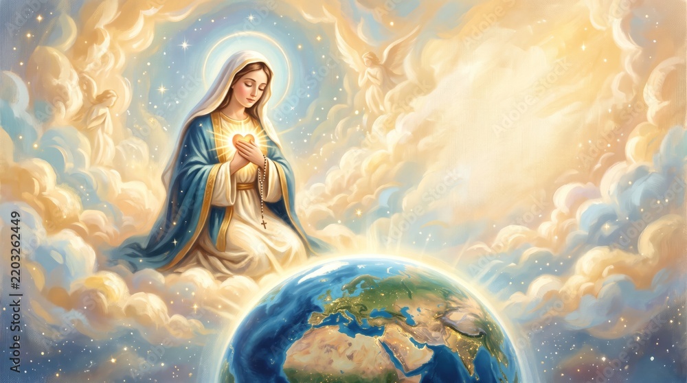 Obraz premium Virgin Mary praying with radiant heart and rosary among clouds above the Earth. Catholic faith and divine love concept. Religious illustration. Heaven, blessing and world prayer.