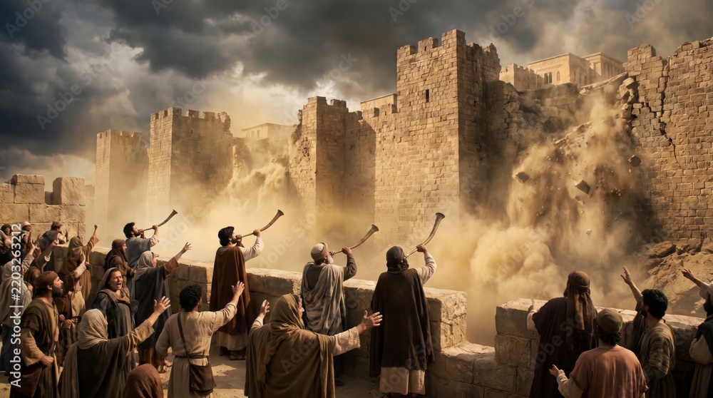 Obraz premium Crowd blowing trumpets as ancient city walls collapse. Fall of Jericho biblical story. Old Testament miracle. Religion and faith concept. Bible illustration.