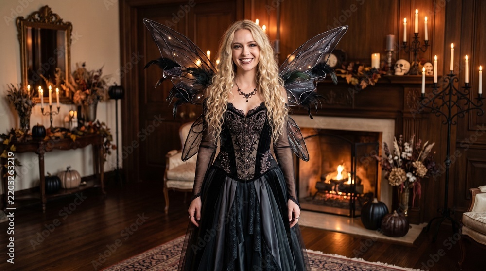 Fototapeta premium Gothic Fairy Woman in Black Dress with Wings in Haunted Halloween Room