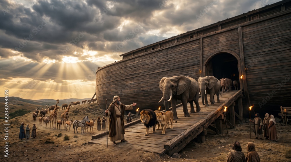 Fototapeta premium Man guiding animals onto a wooden ark. Noahs ark biblical story. Christian religious illustration.