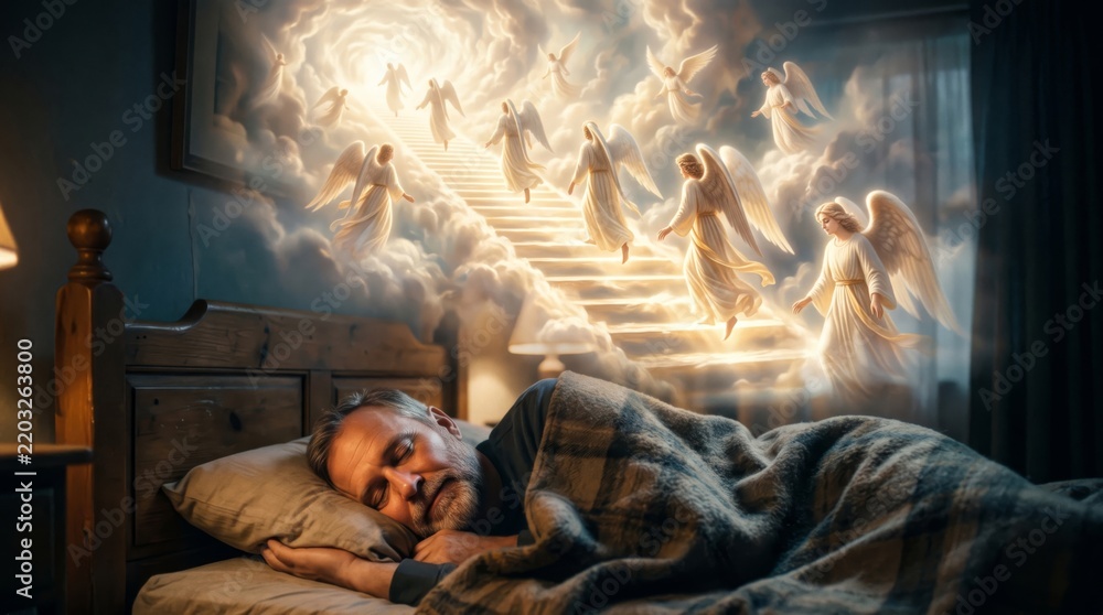 Fototapeta premium Man sleeping in bed beneath angels ascending a staircase to heaven. Christian faith and afterlife concept. Religious digital illustration.