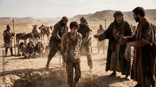 Bound youth surrounded by robed figures in desert. Biblical scene. Religious drama.