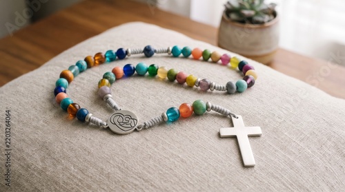 Rosary with colorful beads and cross on fabric. Catholic prayer and devotion. Christian faith.