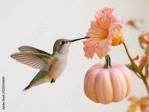 Hummingbird feeding on a delicate pink flower with a small pumpkin nearby