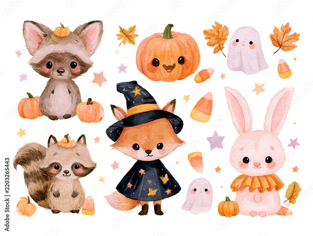 Fototapeta premium Cute watercolor Halloween characters including fox, raccoon, bunny, pumpkin, ghost, and candy corn