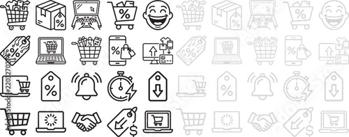 Set of shopping icons with carts boxes laptops and sale tags for e-commerce promotions
