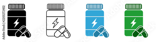 Energy supplement bottle and capsule icon set.
