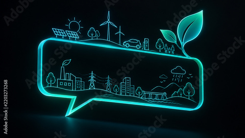 AI generated neon sustainable city renewable energy solar wind electric transport green industry nature inside glowing speech bubble for clean technology environmental future