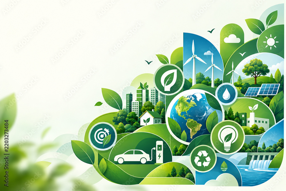 © NongEngEng - AI generated sustainable green ecosystem Earth renewable energy electric transport recycling water clean technology representing environmental conservation future innovation