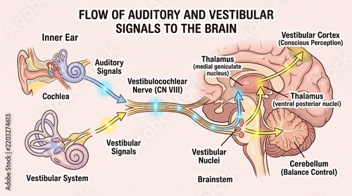 Medical Diagram of Auditory and Vestibular Signal Pathways to Brain