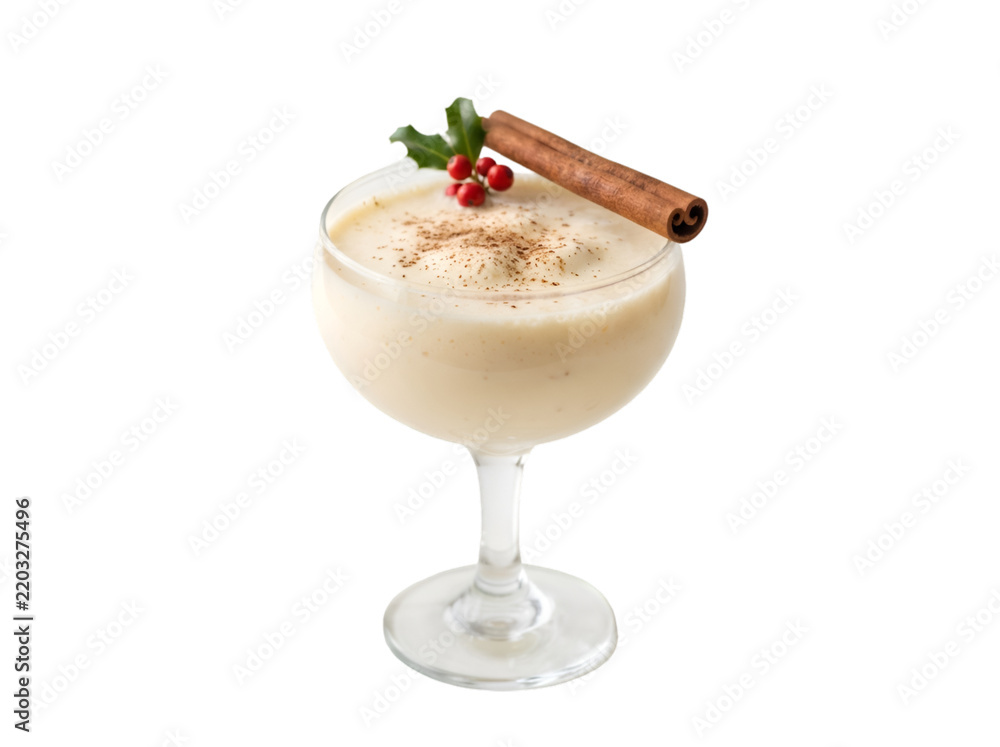 Fototapeta premium Creamy eggnog cocktail in a stemmed glass, decorated with cinnamon stick and berries, signifying festive holidays, warmth, and delicious indulgence, isolated on transparent background