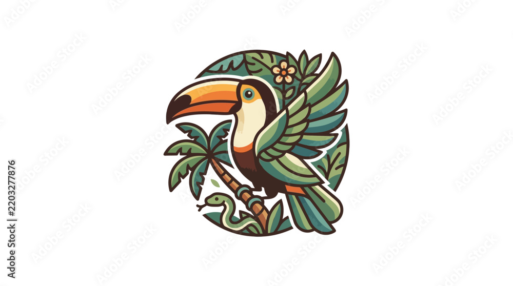 Obraz premium Colorful toucan perched on branch within tropical leaf circle.