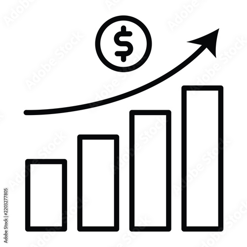 Financial growth and increasing investment returns represented by a bold upward arrow and rising bar chart, solid glyph finance icon for business and wealth concepts