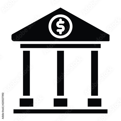 Classic bank building with columns and currency symbol in bold glyph style, representing banking services, financial institutions, savings, loans and investment