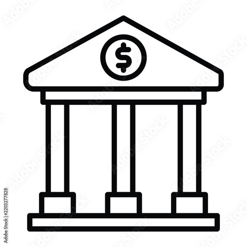 Classic bank building with columns and currency symbol, representing banking services, financial institutions, savings, loans, investment and money management