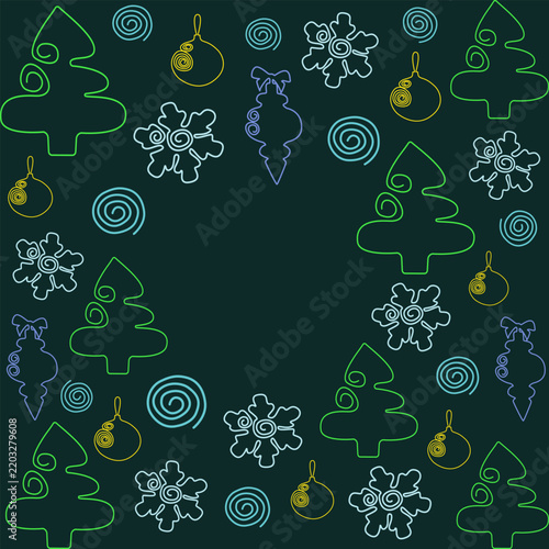 Frame shows Christmas trees, baubles and snowflakes around copy space in bright lines on dark green. This vector illustration suits seasonal cards, New Year party invitations, winter banners and decor
