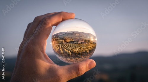 Hand holding clear glass paperweight displaying vineyard landscape at dusk
