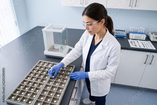 A focused scientist in a lab coat conducts research using precise laboratory tools and equipment for experiment analysis.