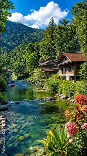 Serene Mountain River Scene with Cozy Cabin and Lush Greenery.