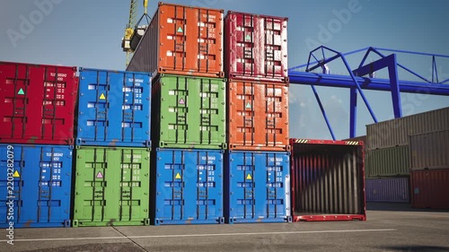 Wide shot of stacked cargo containers at shipping port. Worldwide distribution hub. 3d animation.