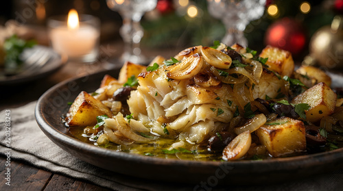 Bacalhau with Olive Oil, Potatoes, and Onions, a Traditional Portuguese Dish, Festive Holiday Meal, Culinary Delight, Comfort Food.
