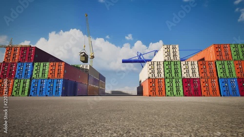 Stacked intermodal cargo containers with crane background. International trade transport concept. 3d animation.