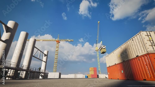 Freight shipping terminal, wide shot of colorful containers stacked in harbor yard. 3d animation.
