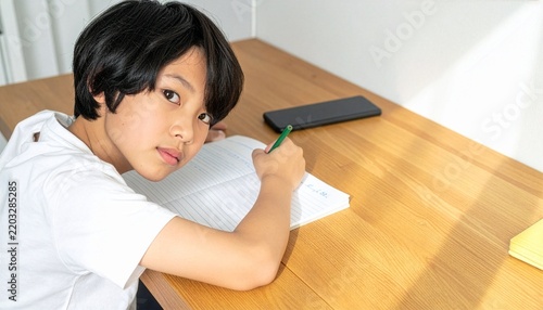 Tapety artystyczne 自宅の机でノートに鉛筆で勉強する小学生の男の子、カメラを見ながら学習する子どもの家庭学習と教育イメージ