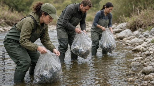 River cleanup waders collecting debris bags