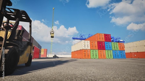 Colorful shipping containers stored in industrial port yard. Supply chain management. 3d animation.