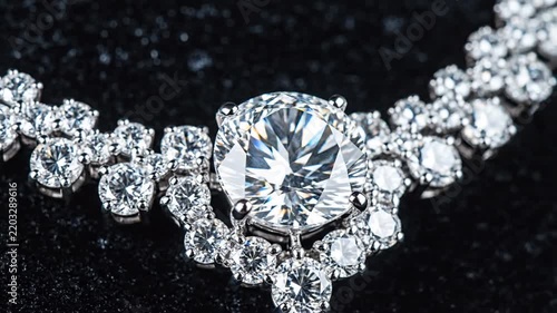 Close up of a large brilliant diamond surrounded by smaller sparkling diamonds on a dark background