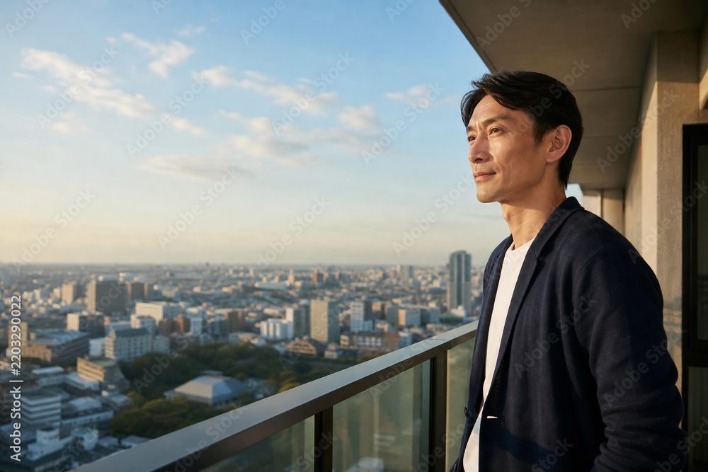 Fototapeta premium バルコニーから夕暮れの都市を眺める中年男性