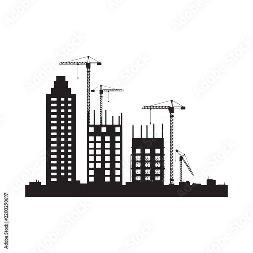 Cityscape silhouette with construction cranes against a white background