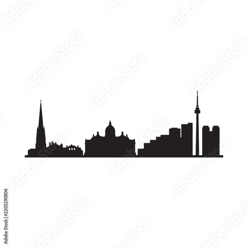 City skyline silhouette against a white background displays urban architecture