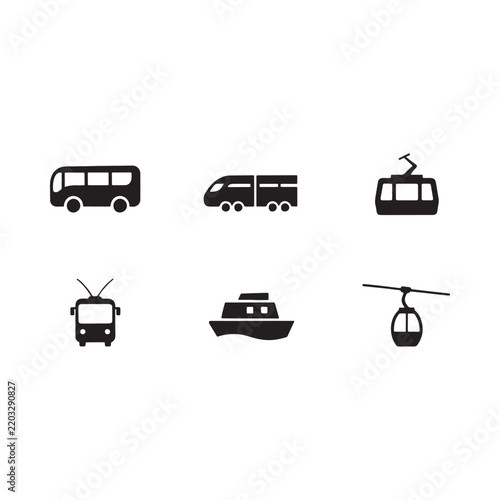 Transportation icons set featuring bus train cable car and boat silhouettes
