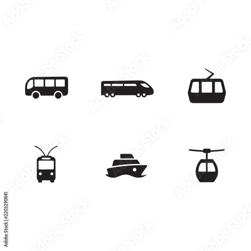 Transportation silhouettes depict various vehicles on a white background