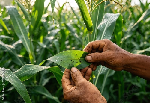 Indonesian farmer inspecting a crop leaf for insects in a lush tropical agricultural field.