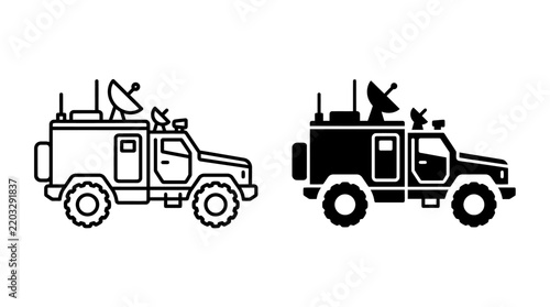 Set of communication vehicle icons with satellite dish and antennas in outline and solid styles.