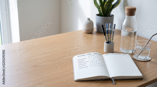 Open habit tracker journal with checked tasks and pens on a wooden desk, concept for productivity, goal setting and self-improvement planning