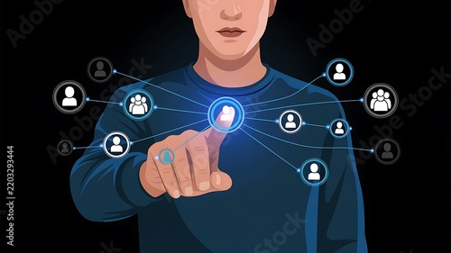 A digital illustration of a man interacting with a digital social network interface