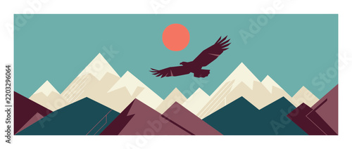 Minimalist Mountain Landscape with Soaring Eagle Flat Vector Illustration
