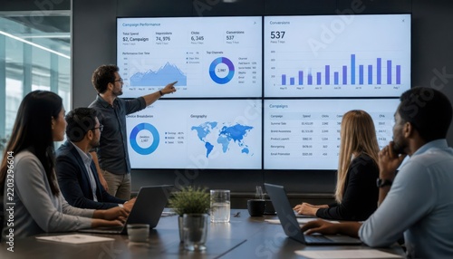 Diverse professional team analyzing marketing data on large digital screens in a modern office boardroom