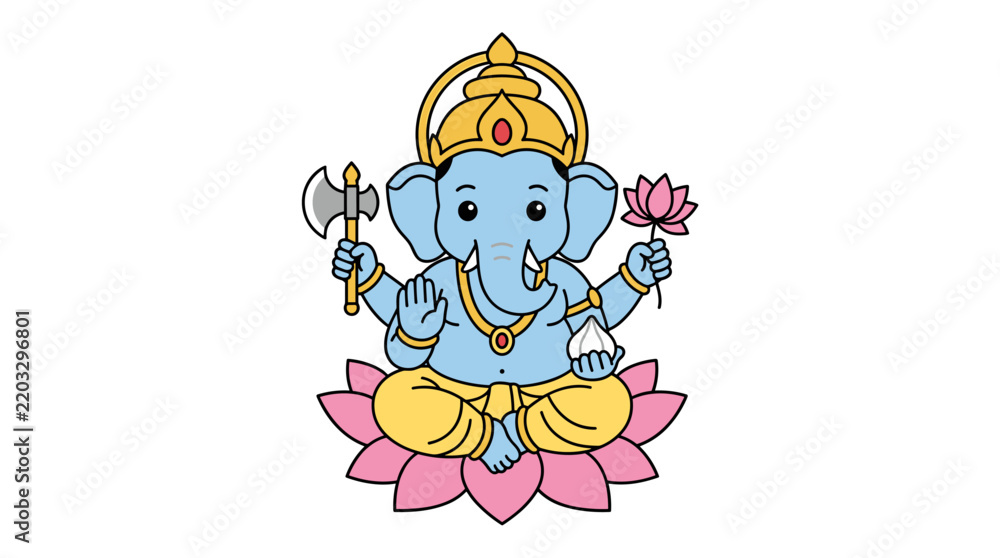 Fototapeta premium Minimalist Chibi Ganesha Illustration, Cute Blue Elephant Deity Sitting on Pink Lotus Flower with Axe and Modak, Traditional Hindu God Vector Icon Isolated on White Background
