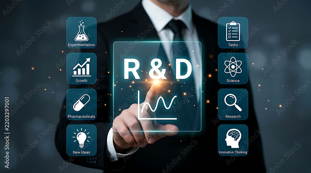 Obraz premium Businessman pressing R&D interface with innovation icons and technology data