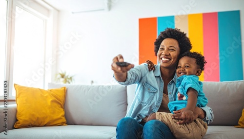 Happy mother and toddler son sitting on sofa at home watching TV with remote control