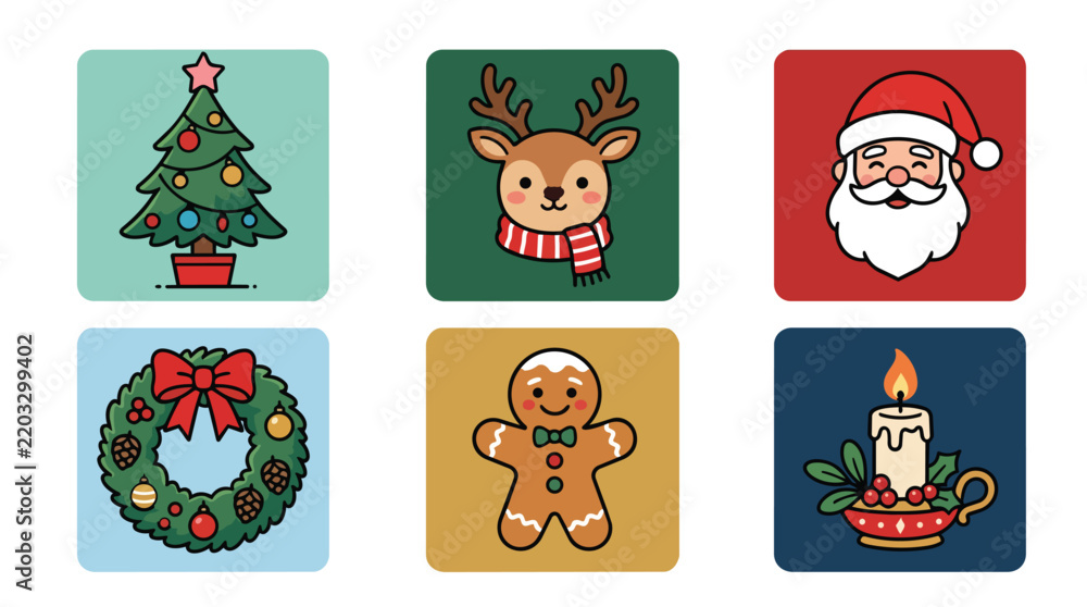 Fototapeta premium Cute Christmas Icon Set with Santa, Reindeer, Christmas Tree, Wreath, Gingerbread Man, and Candle
