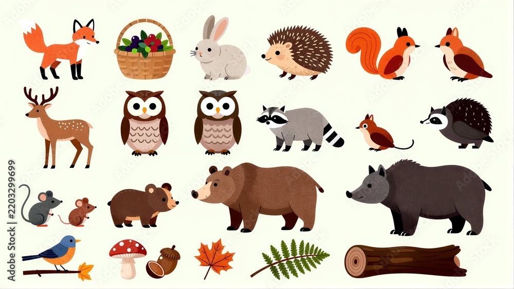 Obraz premium Cute forest animals and nature elements in a colorful, cartoon style.
