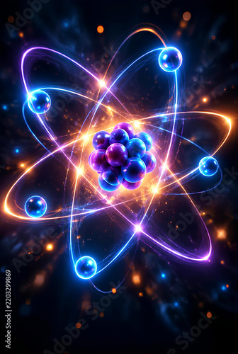 Plakat Abstract Atom Model with Glowing Orbits and Nucleus