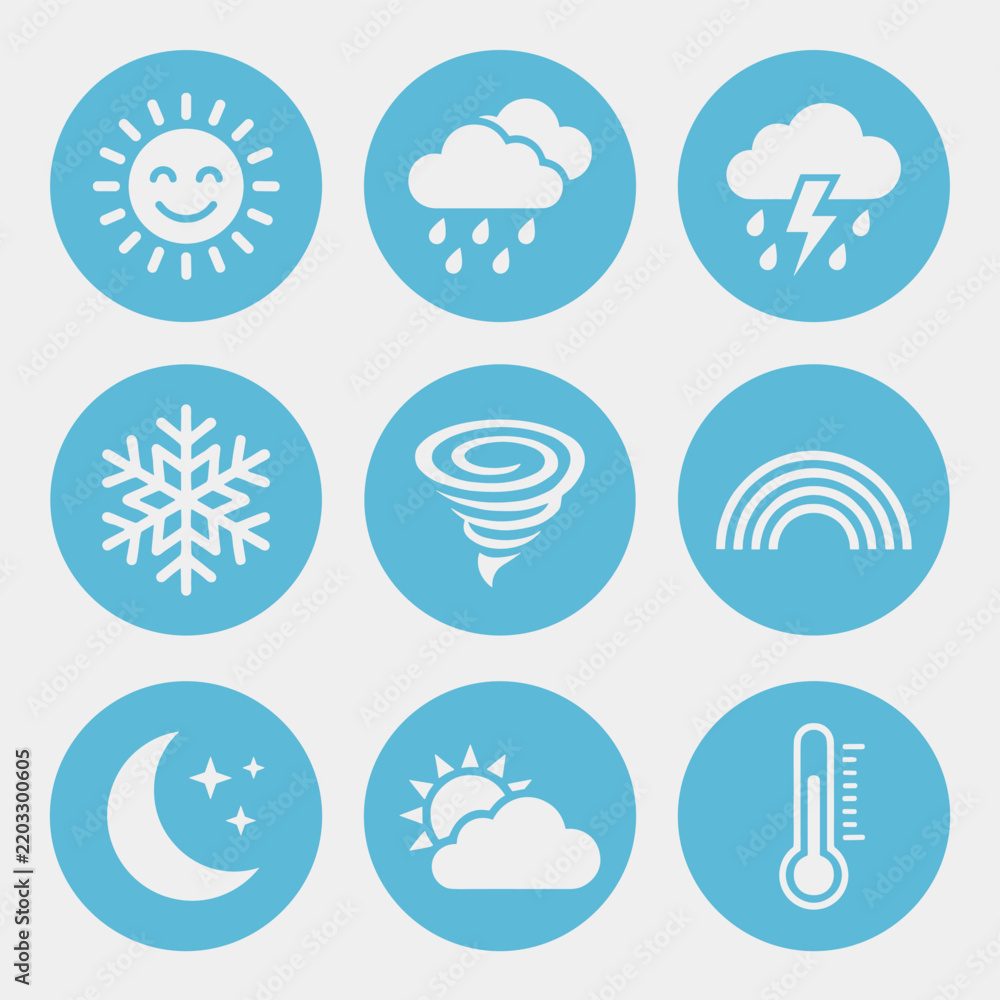 Obraz premium Weather forecast meteorology climate symbol icons set with sun cloud rain snow tornado rainbow