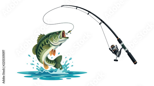 Large Bass Fish Jumping Out of Water with Fishing Rod
